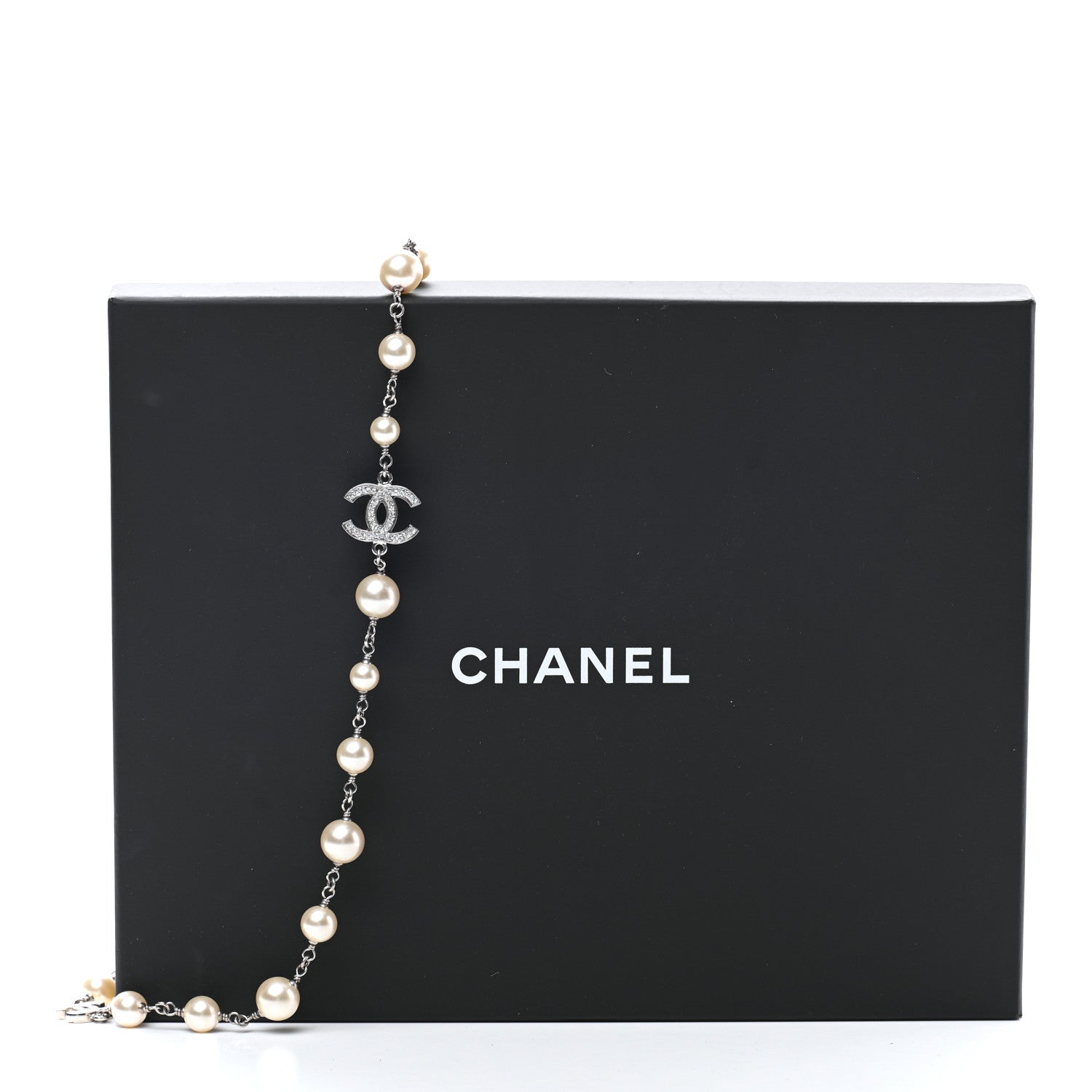 Chanel Graduated Pearl Crystal CC Long Necklace Silver 7 of 7