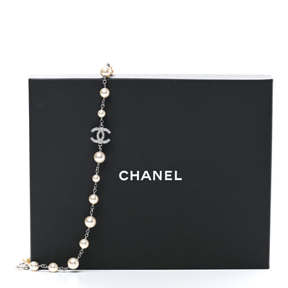 Chanel Graduated Pearl Crystal CC Long Necklace Silver 7 of 7