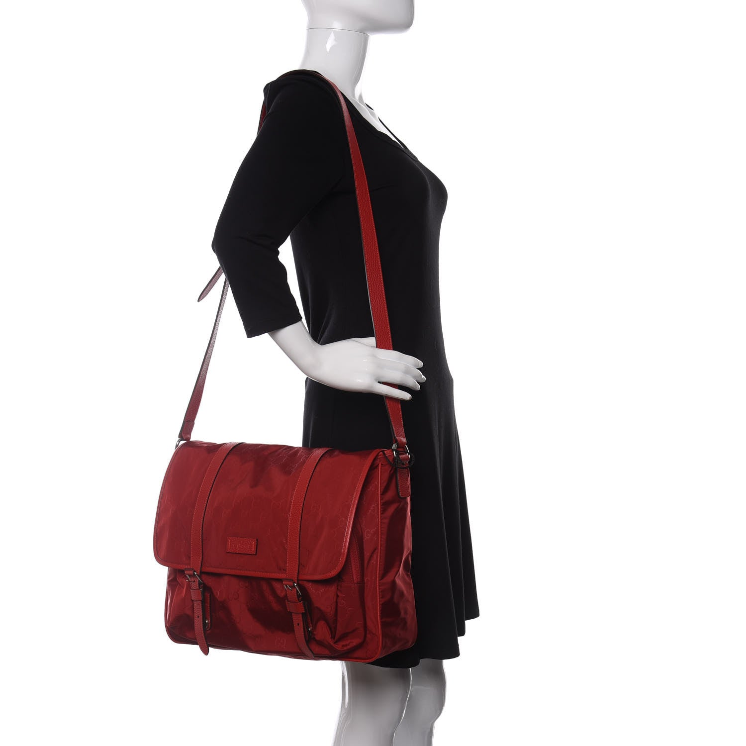 Gucci Nylon Monogram Double Buckle Flap Messenger Bag Vibrant Red 2 of 9