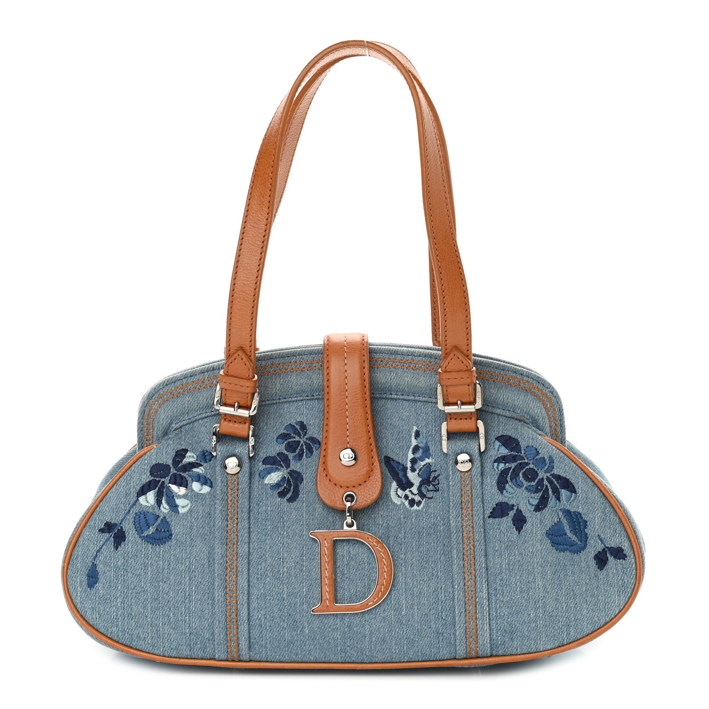 Denim Embroidered Satchel Blue