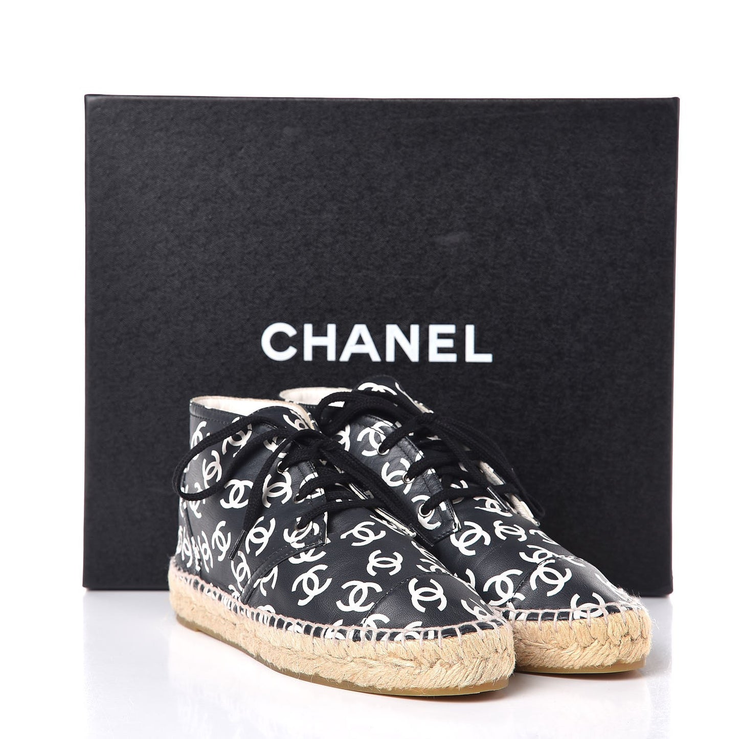 Lambskin Printed CC Lace Up Espadrilles 35 Black White