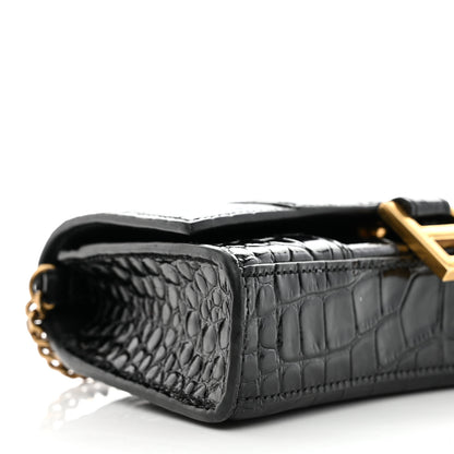 Balenciaga Shiny Calfskin Crocodile Embossed Hourglass Chain Bag Black 8 of 10