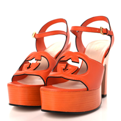 Gucci Cosmos Softy Calfskin Wooden Interlocking G Cut-Out 30/120mm Platform Sandals 40 Deep Orange 3 of 9