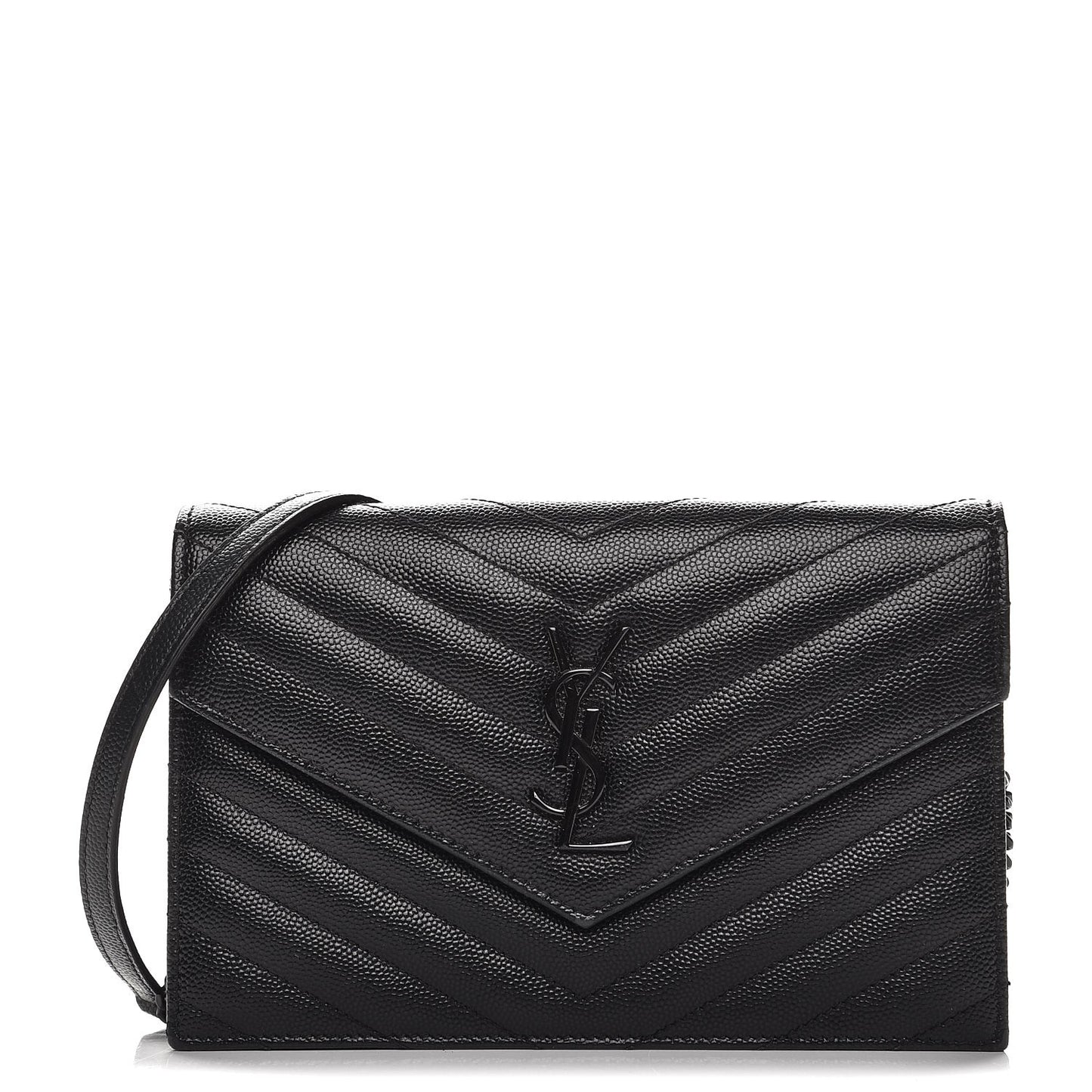 Grain De Poudre Matelasse Chevron Monogram Envelope Chain Wallet Black