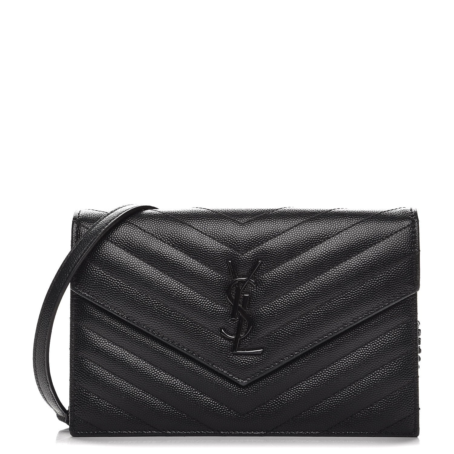 Saint Laurent Grain De Poudre Matelasse Chevron Monogram Envelope Chain Wallet Black 1 of 7