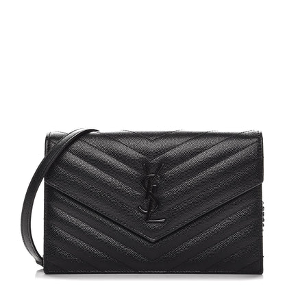 Saint Laurent Grain De Poudre Matelasse Chevron Monogram Envelope Chain Wallet Black 1 of 7