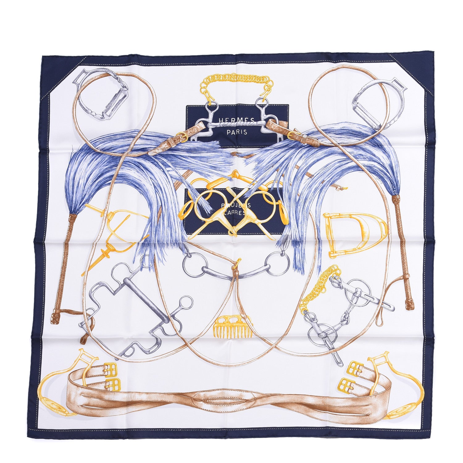 Hermes Silk Projets Carres Au Crayon Scarf 90 Bleu Marine White Indigo 1 of 4