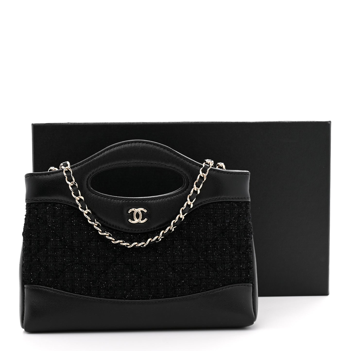 Tweed Calfskin Quilted Nano 31 Shopping Bag Black