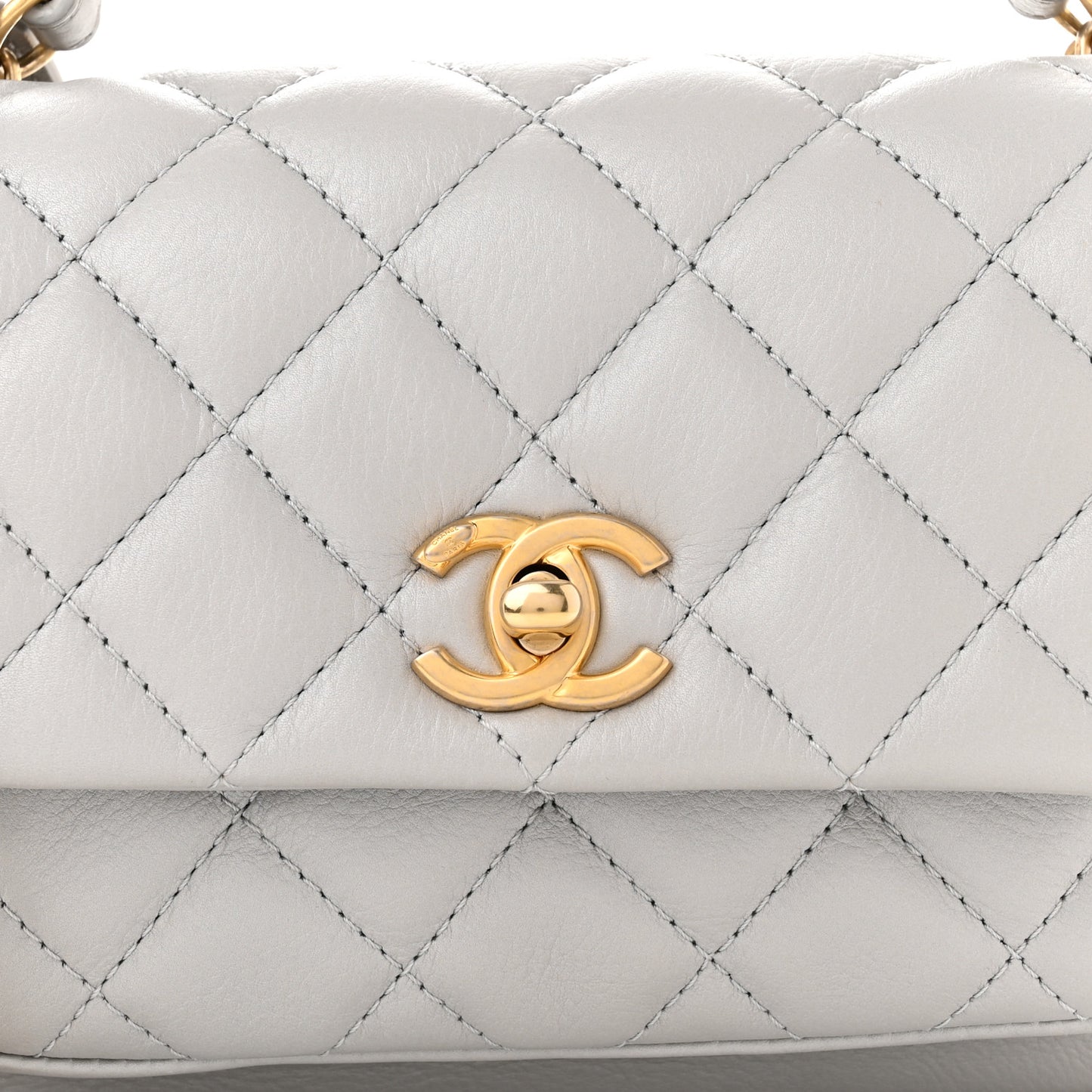 Calfskin Quilted Top Handle Flap Light Grey