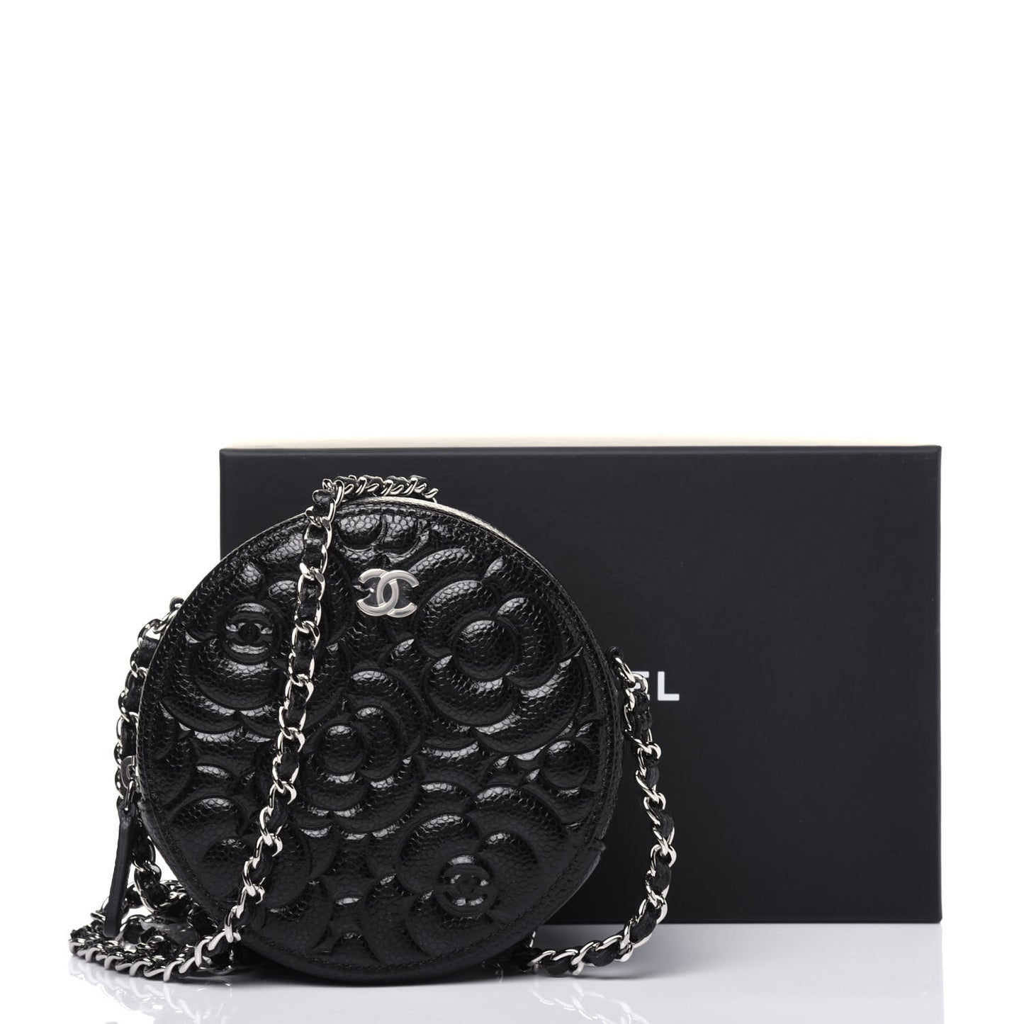 Caviar Camellia Embossed Round Clutch With Chain Black