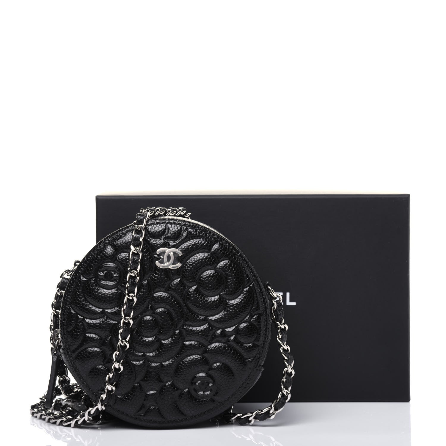 Chanel Caviar Camellia Embossed Round Clutch With Chain Black 12 of 13