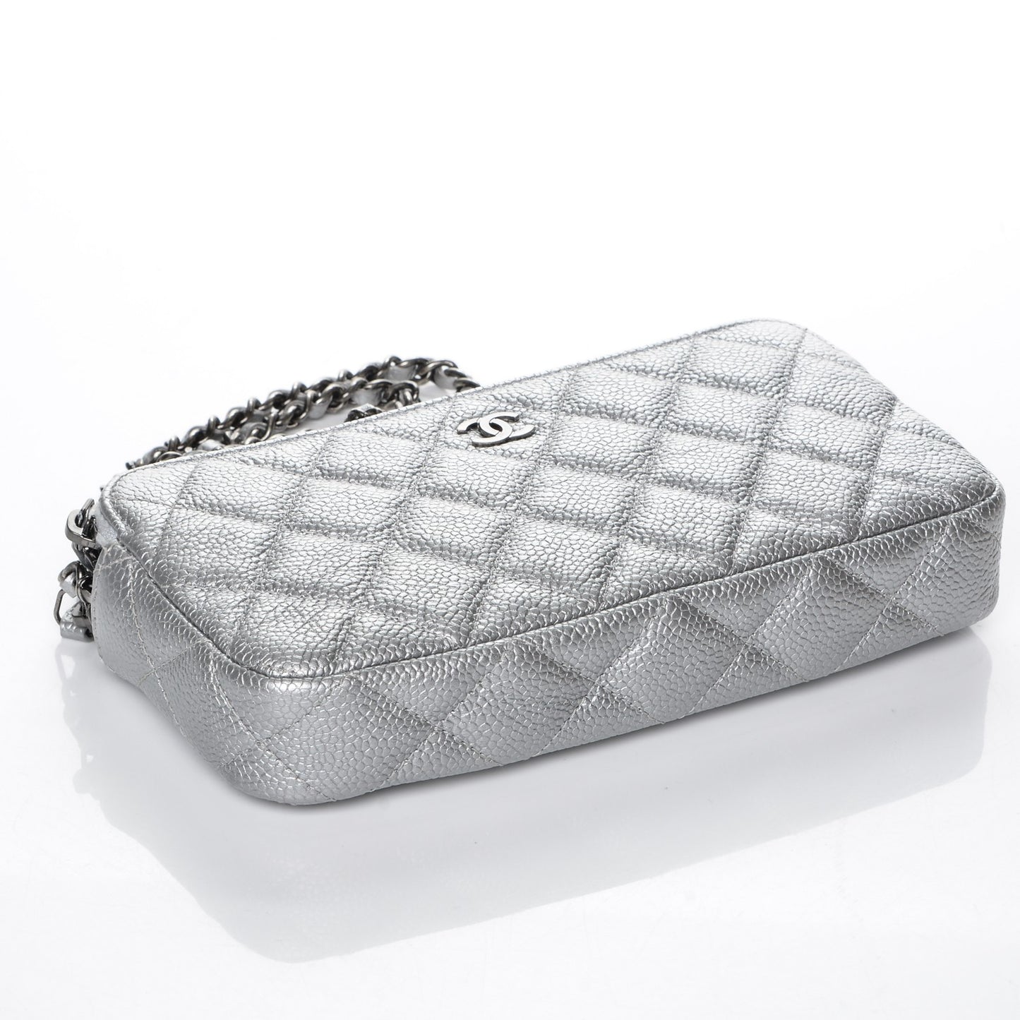 Metallic Caviar Quilted Small Clutch With Chain Silver