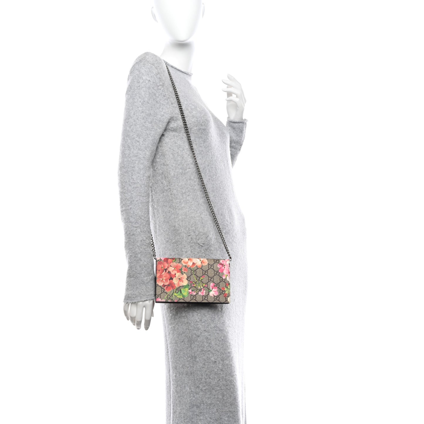 GG Supreme Monogram Blooms Chain Wallet Beige Multicolor Dry Rose