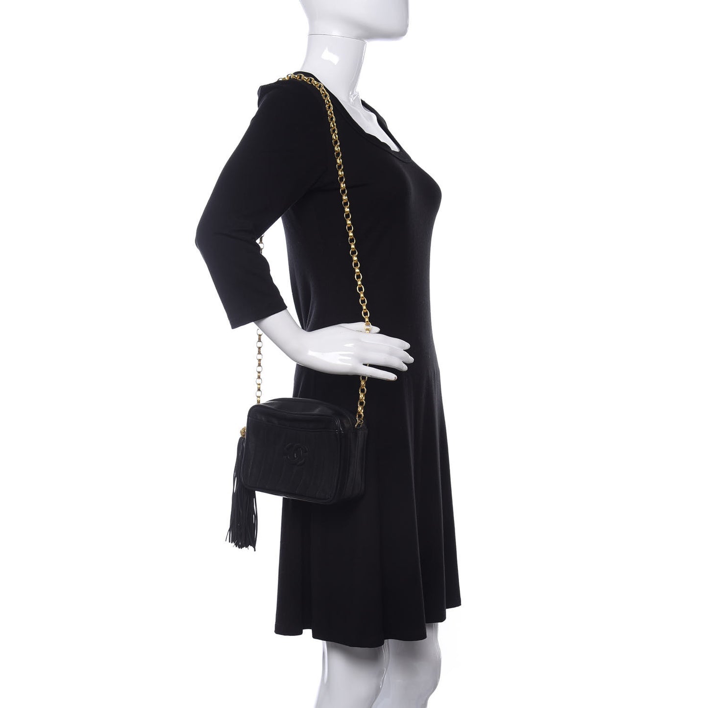 Lambskin Vertical Quilted Tassel Camera Case Black