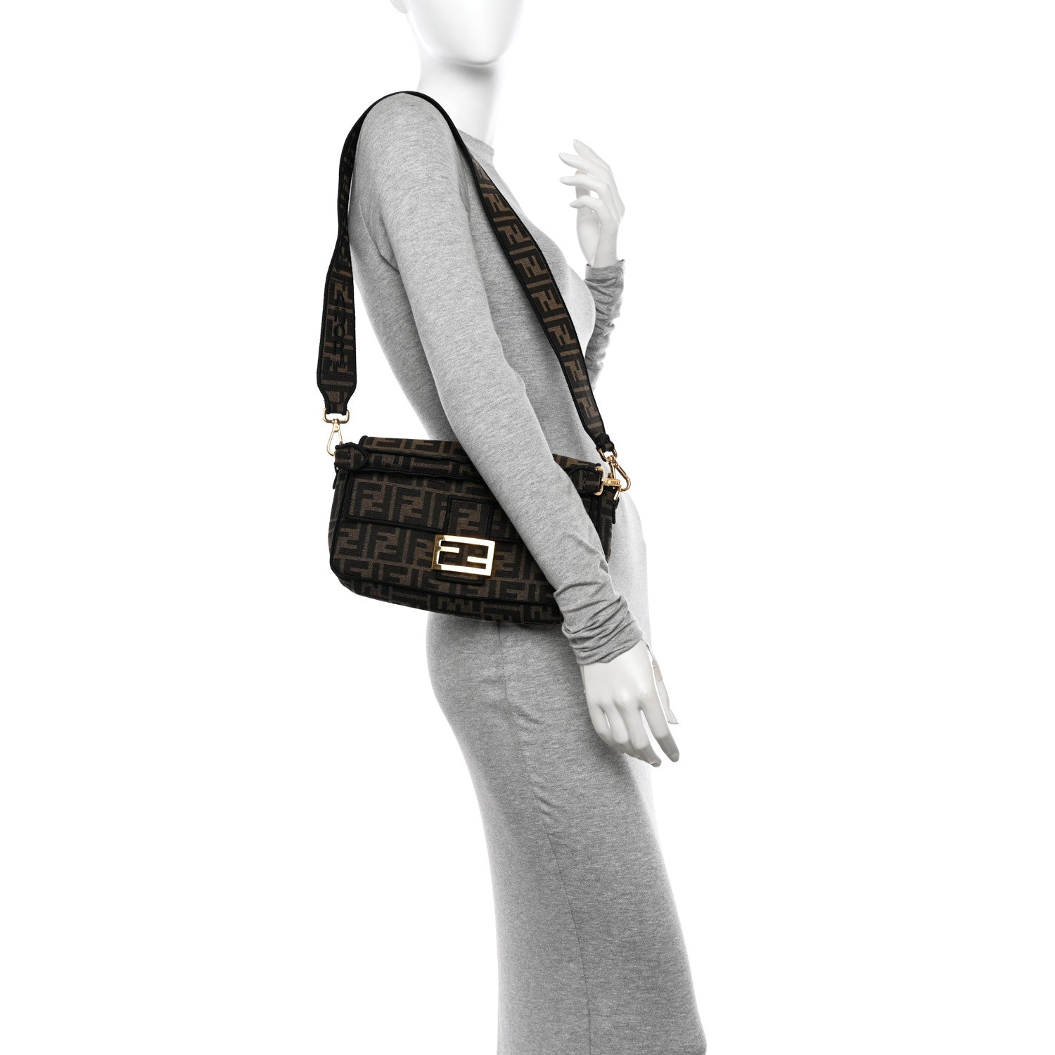 Fendi Fabric Jacquard FF 1974 Medium Baguette Tobacco Moro Black 2 of 11