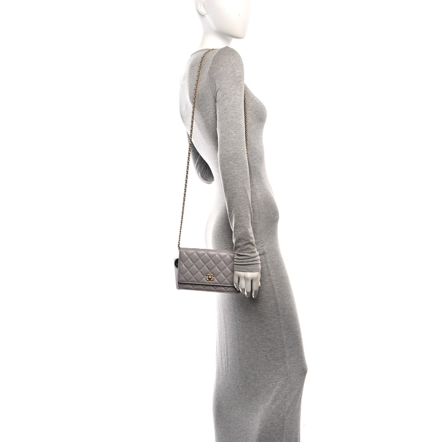 Chanel Lambskin Quilted CC Pearl Crush Wallet on Chain WOC Grey 2 of 12