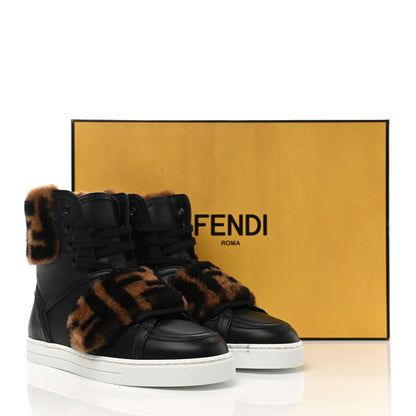 Fendi Vitello Shearling FF High Top Sneakers 35 Black Brown 8 of 8