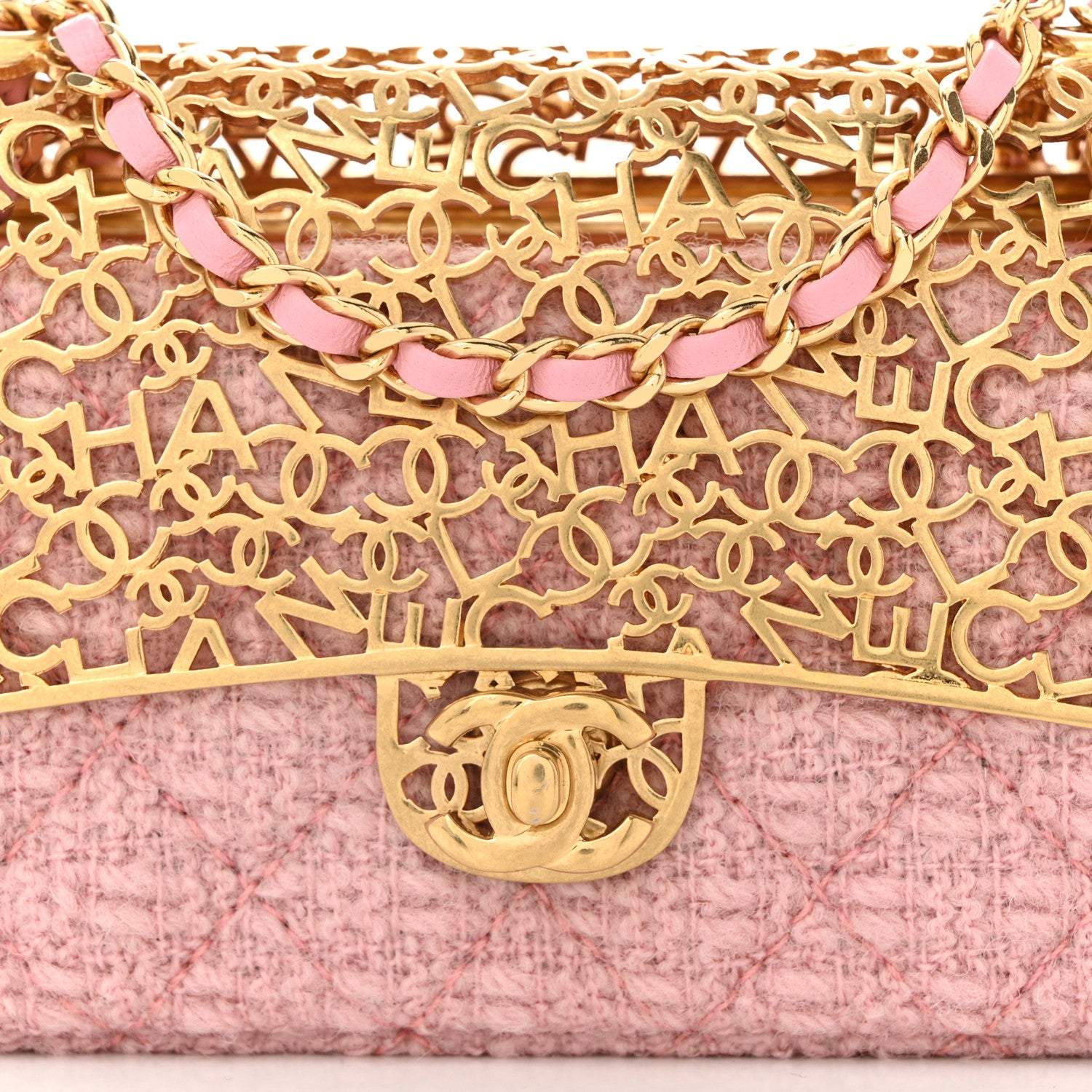 Chanel Metal Tweed Logo CC Minaudiere Mini Flap Bag Pink Gold