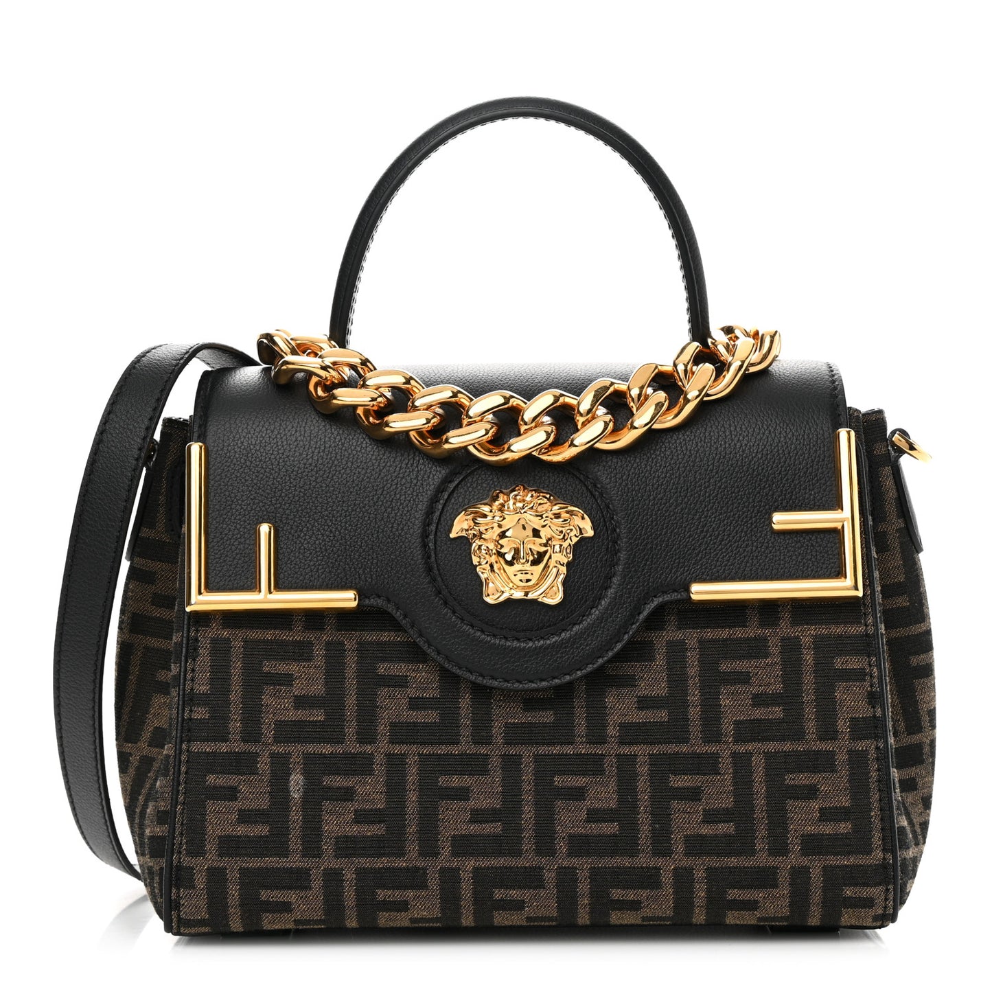 X FENDI Grained Calfskin Fendace Medium La Medusa Top Handle Bag Black Brown