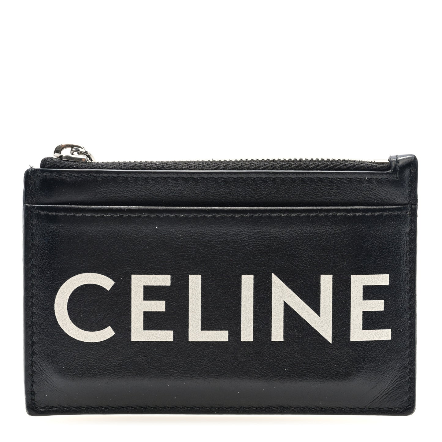 Smooth Lambskin Zip Logo Card Holder Black White
