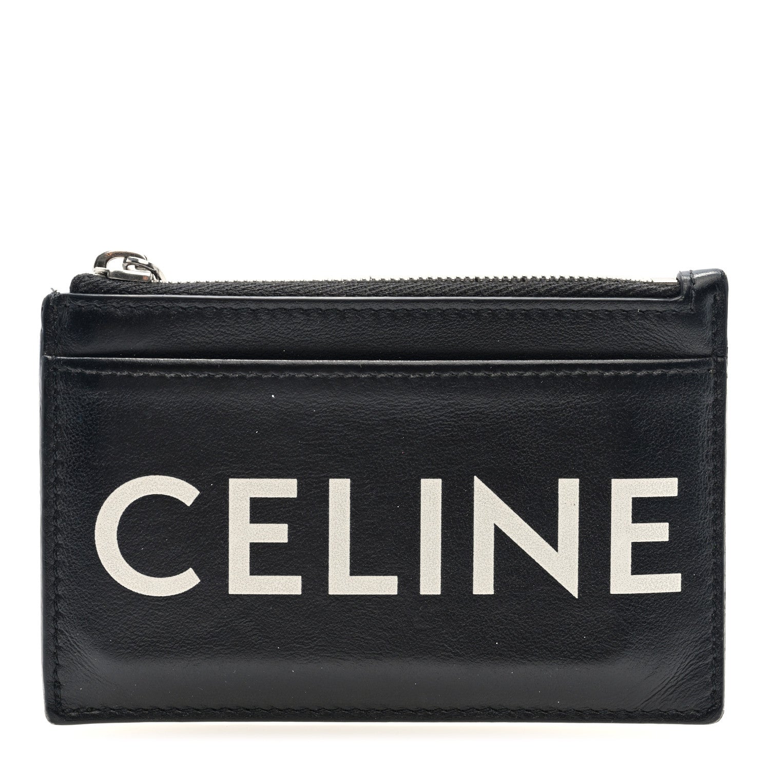 Celine Smooth Lambskin Zip Logo Card Holder Black White 1 of 6