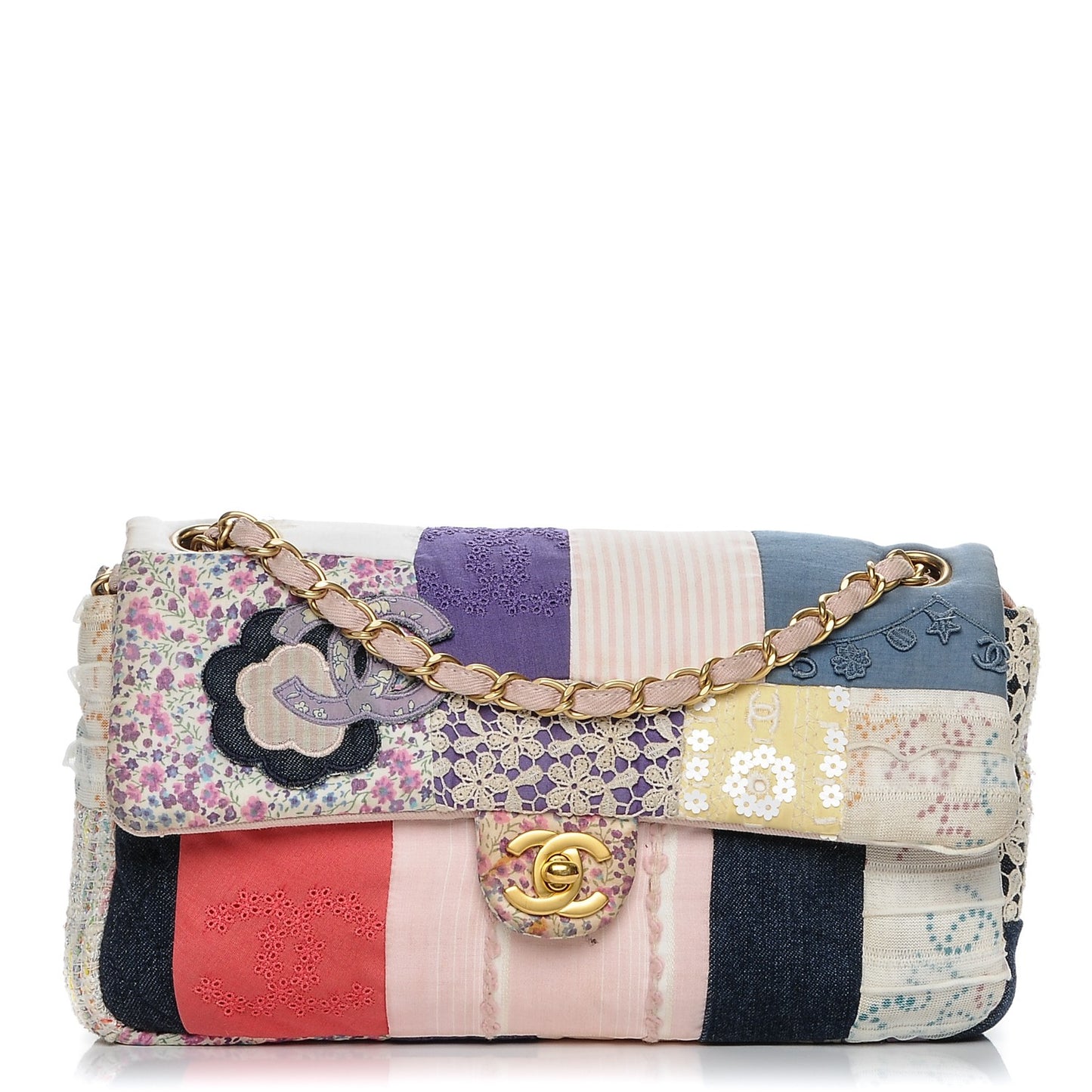 Fabric Patchwork Medium Flap Bag Pink