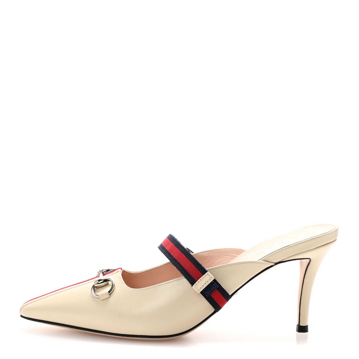 Gucci Malaga Kid Sylvie Web Cross Strap Mid-Heel Slides 38 Vintage White 1 of 9
