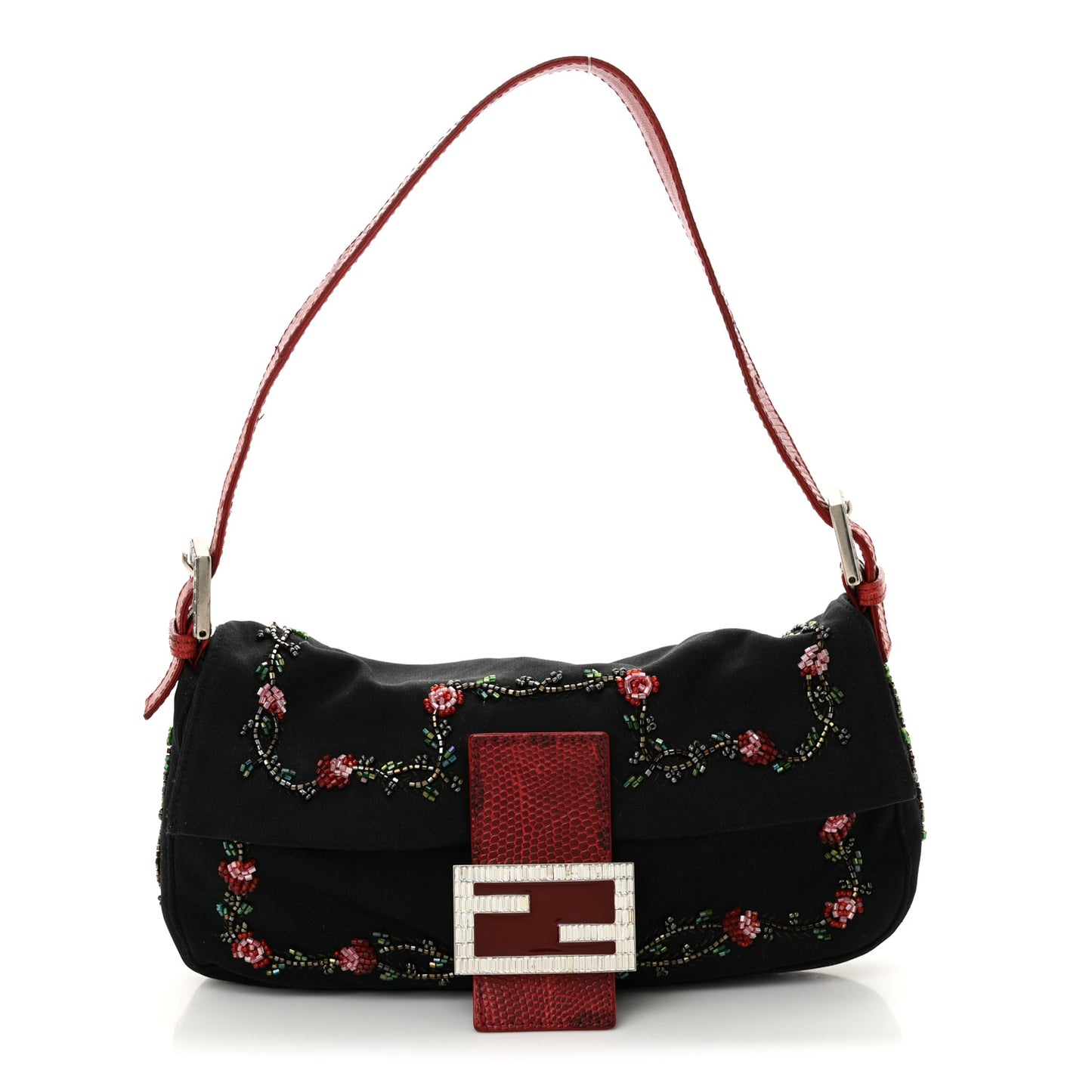 Neoprene Lizard Beaded Crystal Baguette Black Red