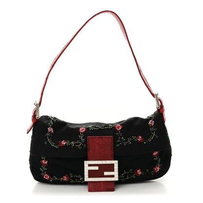 Fendi Neoprene Lizard Beaded Crystal Baguette Black Red 1 of 17