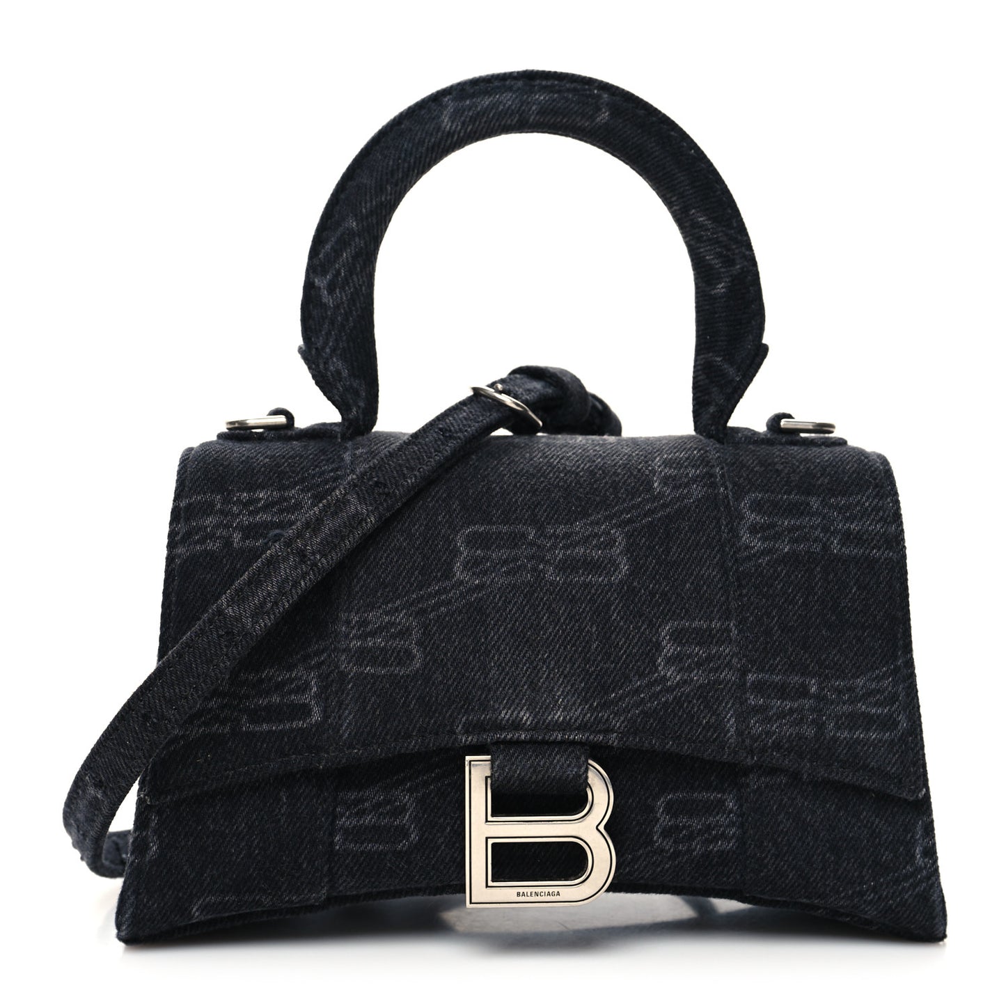 Washed Denim BB Monogram Hourglass Top Handle Bag XS Black