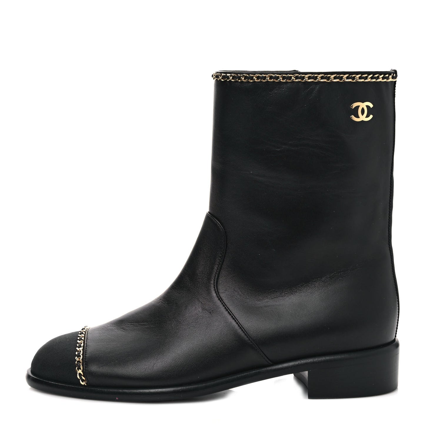 Lambskin Grosgrain Cap Toe Chain Short Boots 37 Black