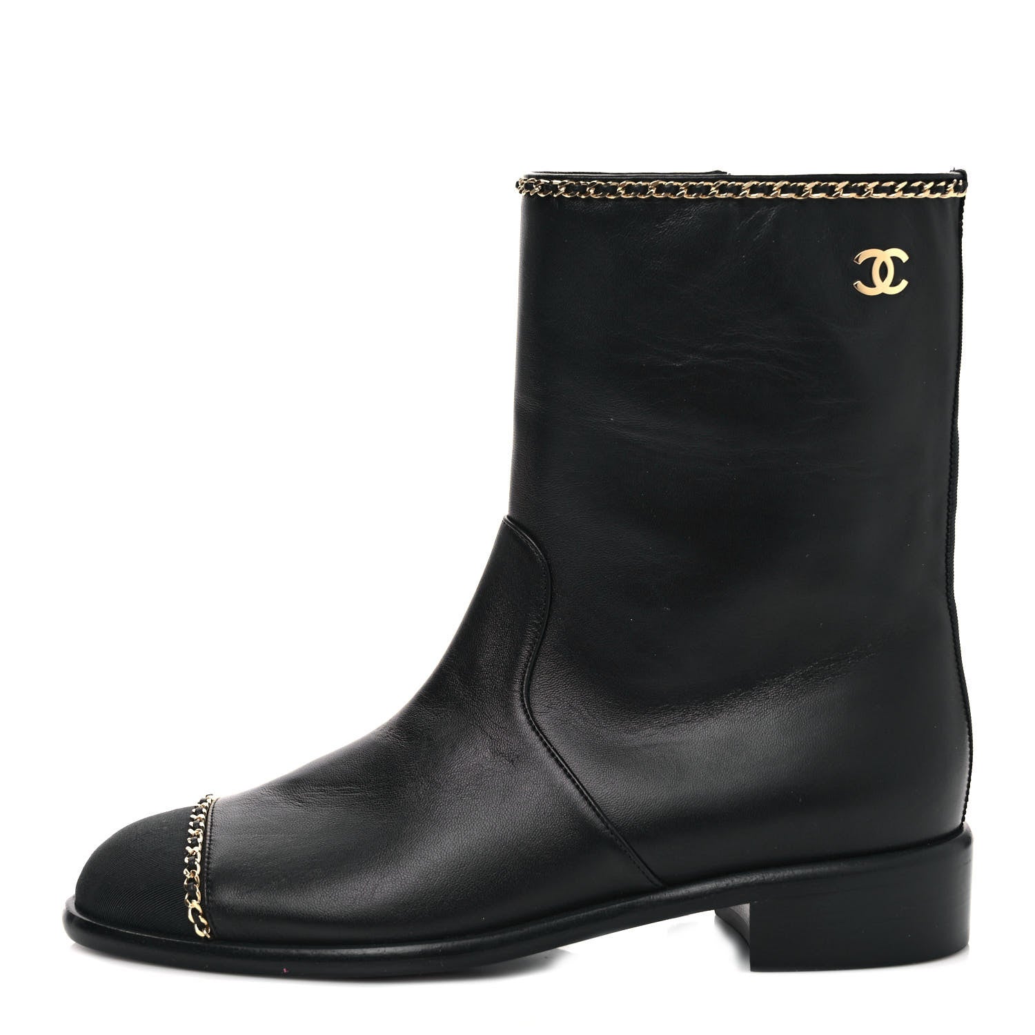 Chanel Lambskin Grosgrain Cap Toe Chain Short Boots 37 Black 1 of 8