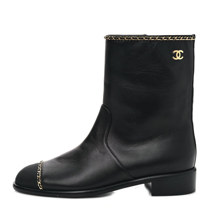 Chanel Lambskin Grosgrain Cap Toe Chain Short Boots 37 Black 1 of 8