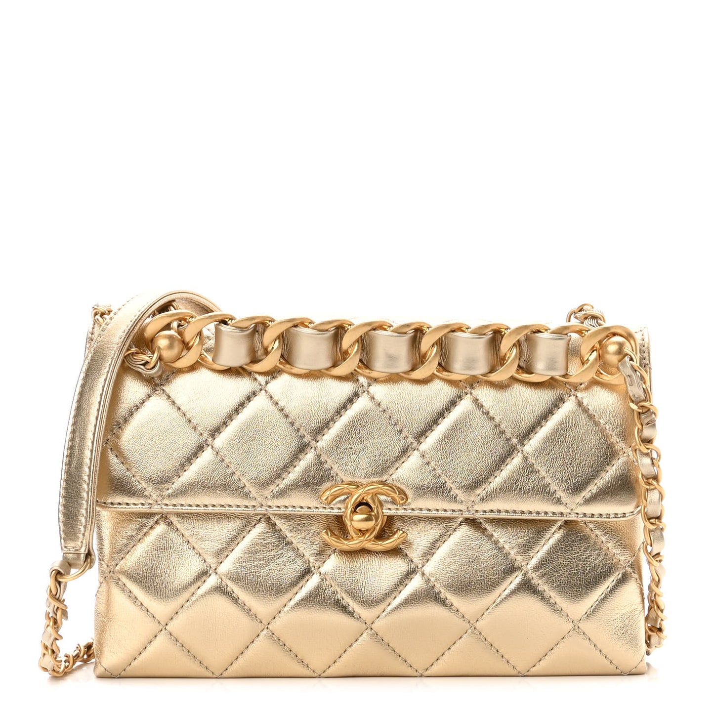 Metallic Lambskin Quilted CC Chain Flap Gold