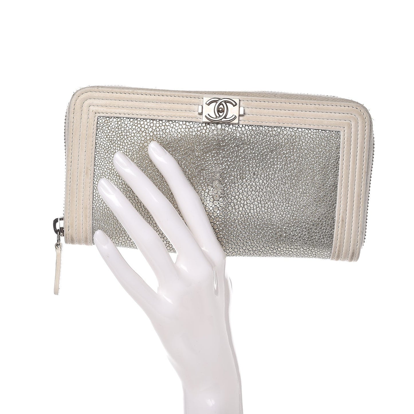 Metallic Galuchat Stingray Lambskin Boy Zip Around Wallet Silver