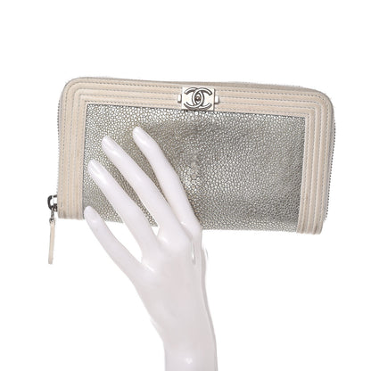 Chanel Metallic Galuchat Stingray Lambskin Boy Zip Around Wallet Silver 2 of 16