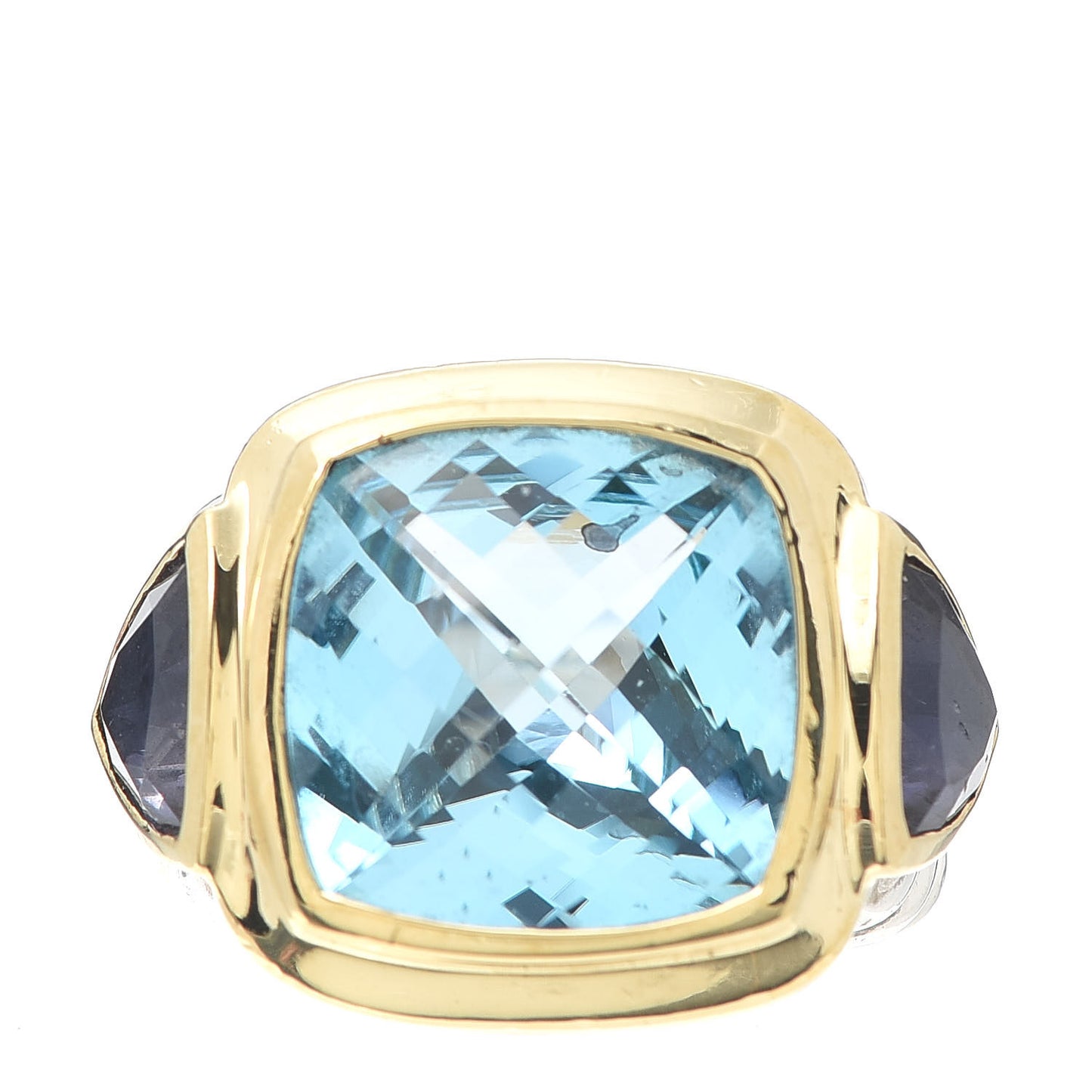 Sterling Silver 14K Yellow Gold 17mm Blue Topaz Iolite Cable Mosaic Ring 52 6