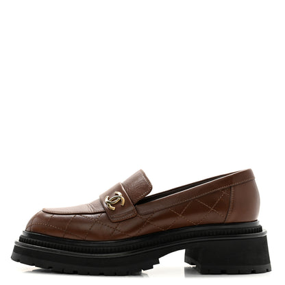 Chanel Calfskin Quilted CC Mocassin Loafers 38.5 Brown 1 of 10