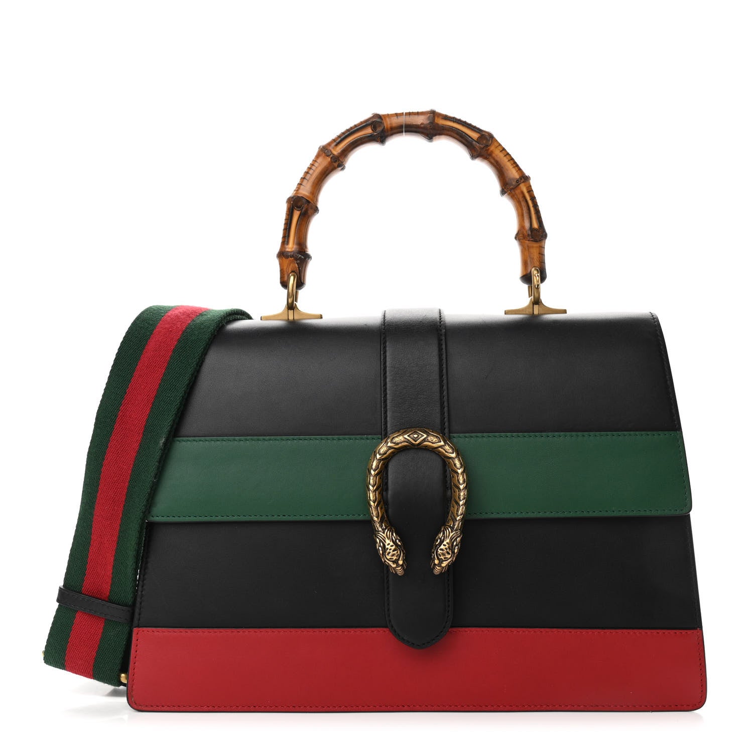 Gucci Calfskin Bamboo Web Large Dionysus Top Handle Bag Black Bright Evergreen Hibiscus Red 1 of 11