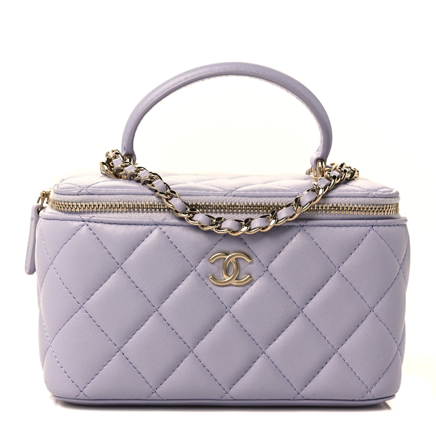Lambskin Quilted Small Top Handle Vanity Case With Chain Light Purple
