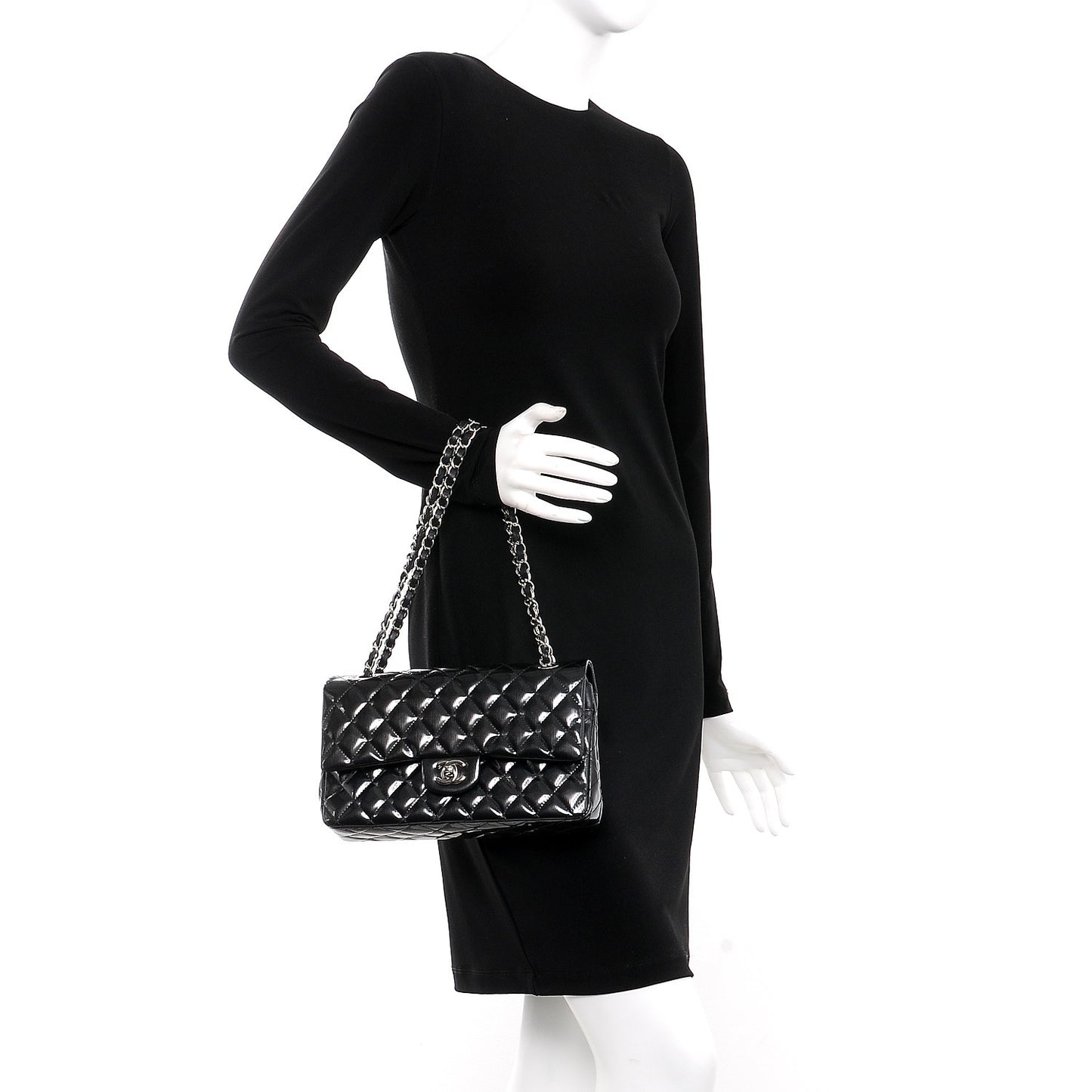 Striated Patent Quilted Medium Double Flap Black