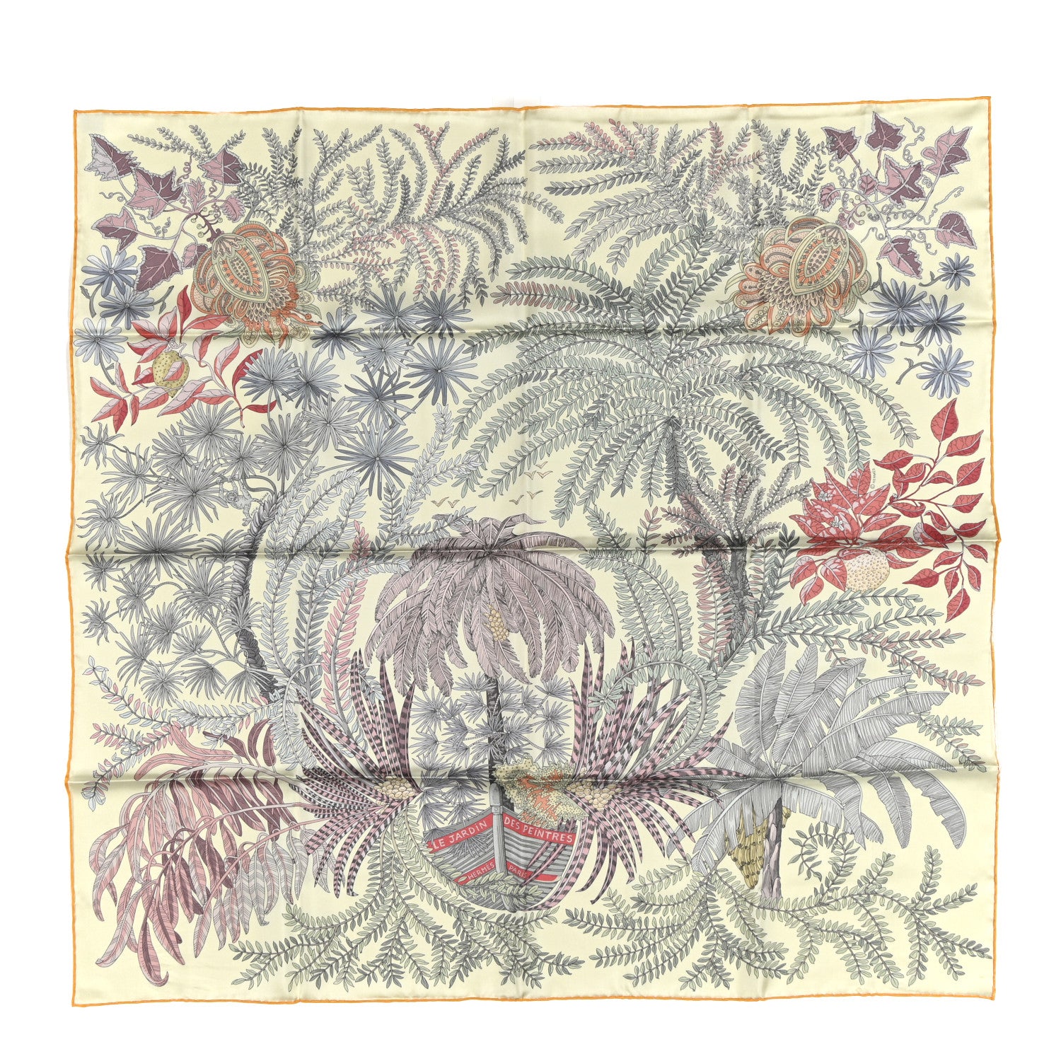 Hermes Silk Le Jardin Des Peintres Double Face Scarf 90 Vanille Vert Amande Corail 1 of 5