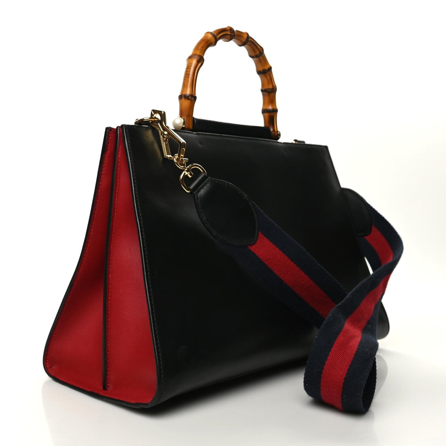Nappa Bamboo Web Medium Nymphaea Top Handle Bag Black