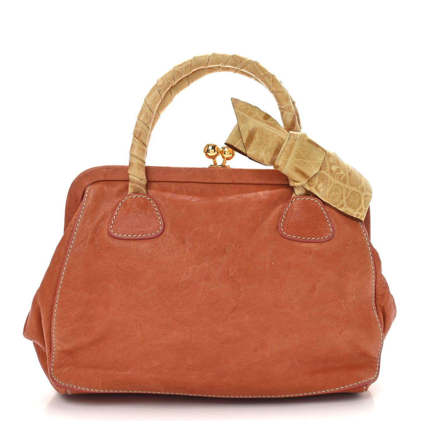 Vitello Crocodile Embossed Kisslock Bow Bag Coral
