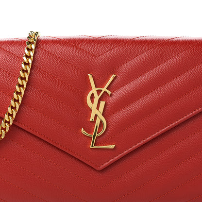 Saint Laurent Grain De Poudre Matelasse Chevron Monogram Chain Wallet Red 11 of 11