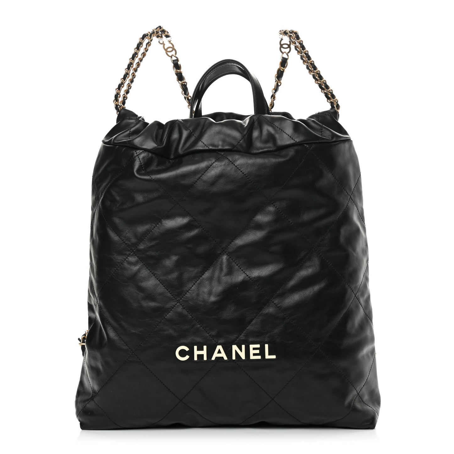 Shiny Calfskin Quilted Chanel 22 Backpack Black