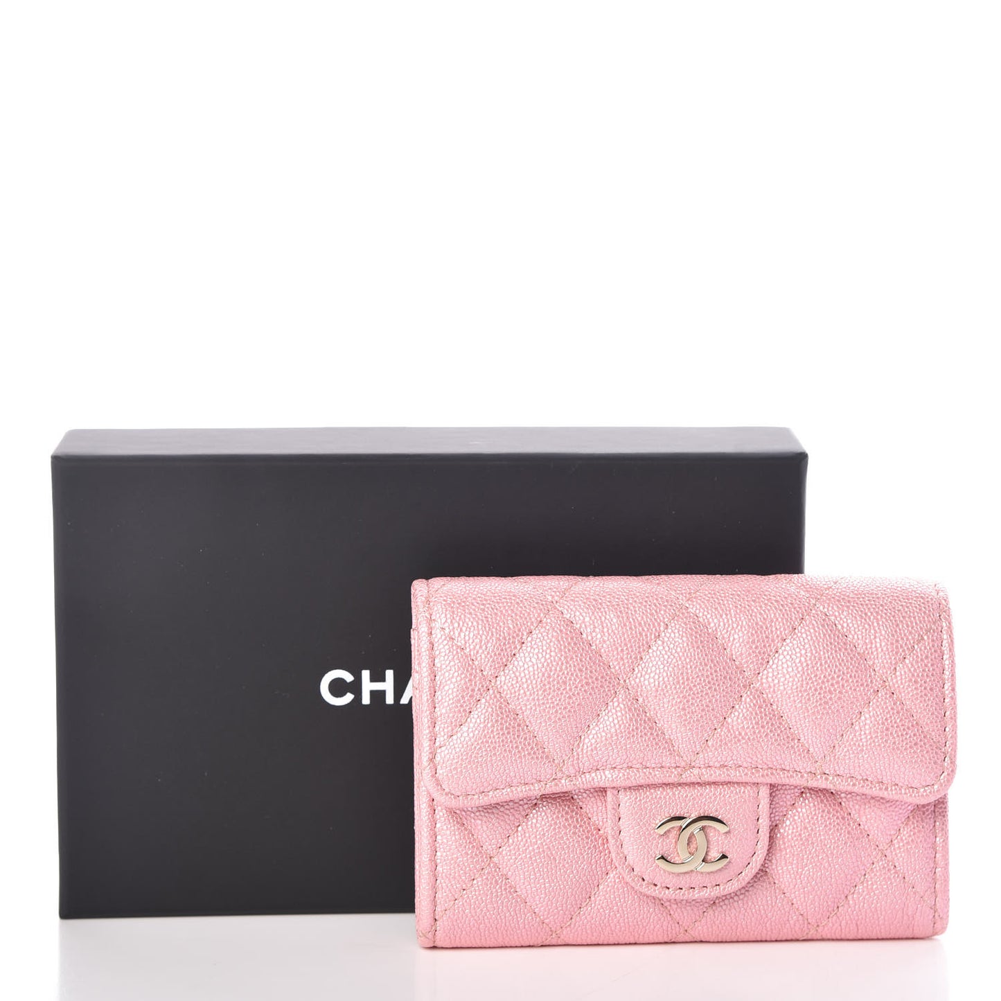 Iridescent Caviar Quilted Flap Card Holder Rose Pink