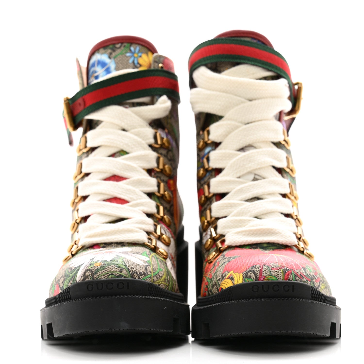 Gucci GG Supreme Monogram Flora Lace Up Combat Ankle Boots 37.5 Beige Multicolor Red 2 of 10