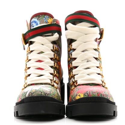 Gucci GG Supreme Monogram Flora Lace Up Combat Ankle Boots 37.5 Beige Multicolor Red 2 of 10