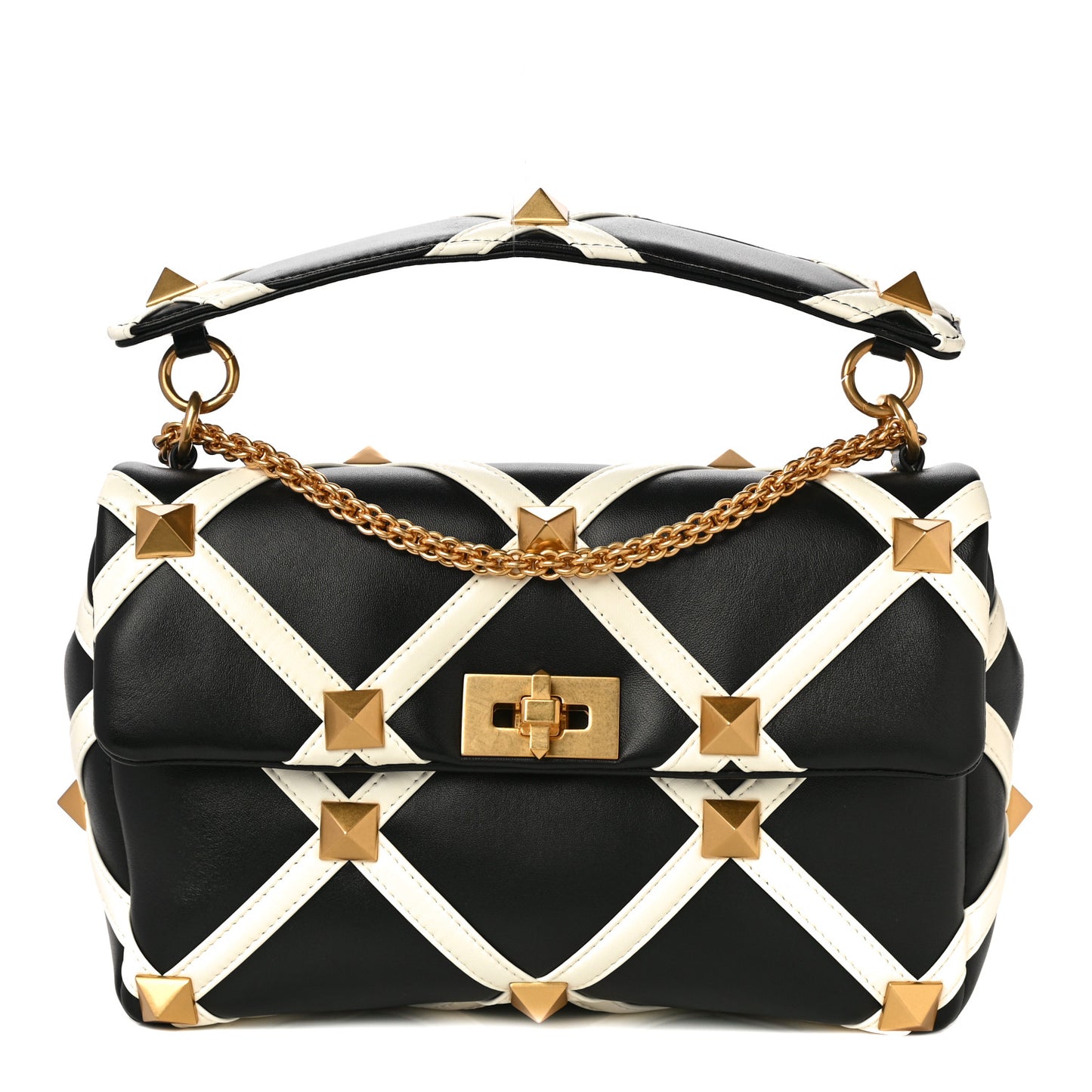 Nappa Large Roman Stud Shoulder Bag Black White